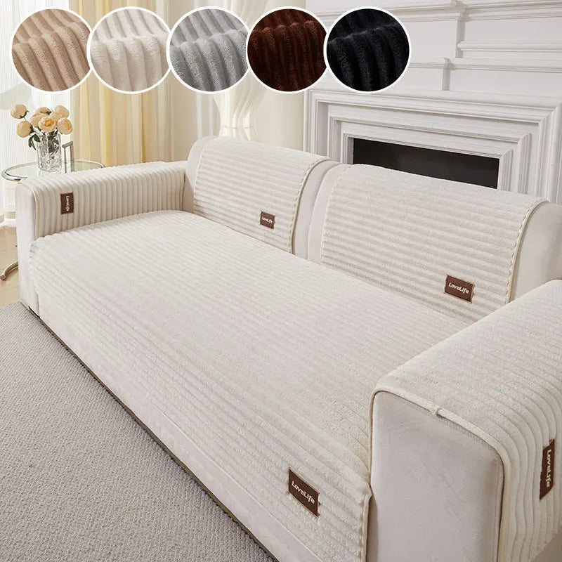 A beige ribbed sofa cushion cover displayed with color options and a white fireplace mantel in a bright room.