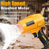 Yellow high speed brushed motor air blower tool in use, creating a strong stream of air.