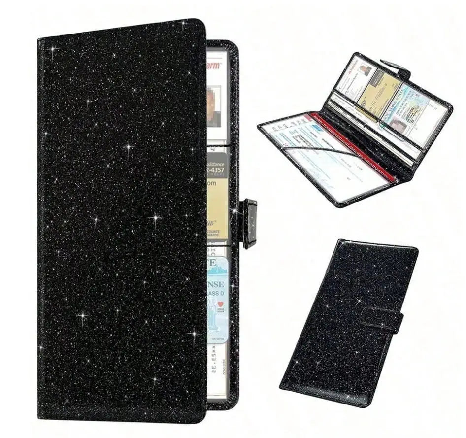 A black leather document organizer featuring a clear sleeve and an open display of registration and insurance cards.