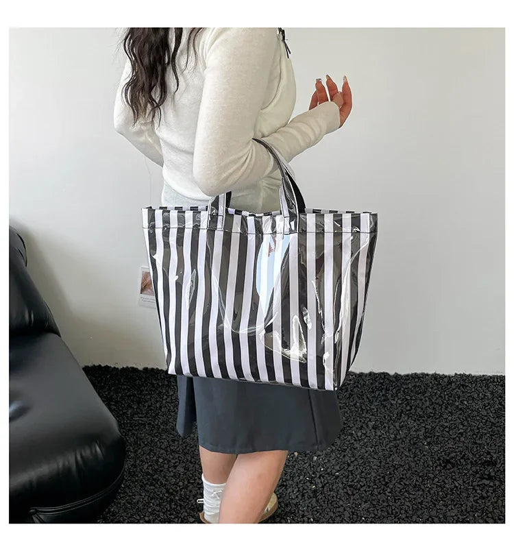 Striped PVC Waterproof Tote Bag for Everyday Use