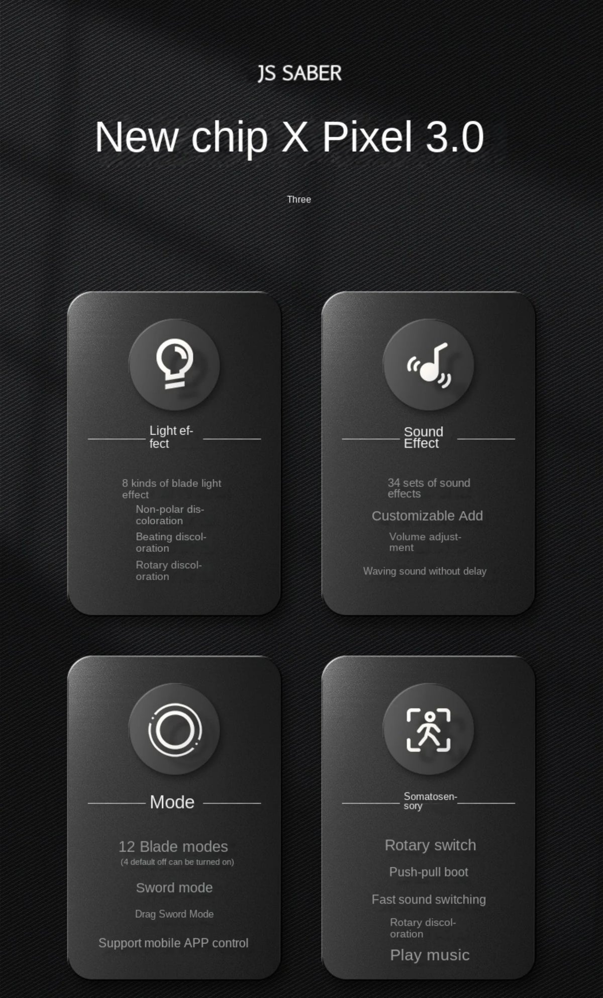 A display showing features of the JS Saber New chip X Pixel 3.0 including light effects, sound effects, modes, and rotary swi