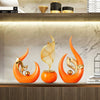 An orange ceramic sculpture shaped like a stylized leaf or flame, displayed on a wooden shelf.