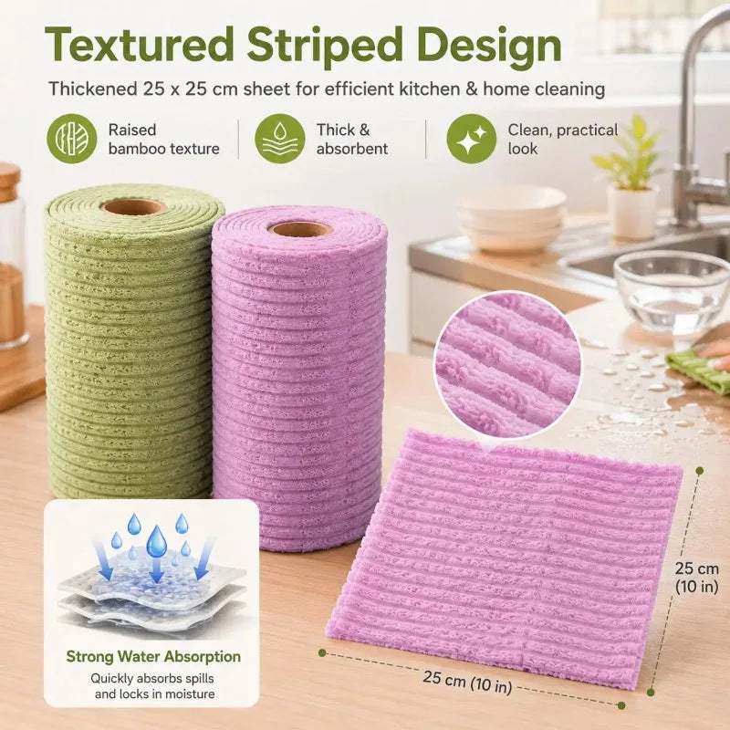 Rolls of textured striped cleaning cloths in green and purple for kitchen and home use