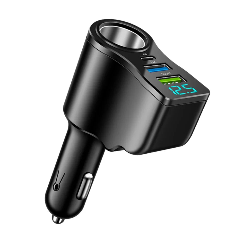 A black 4-in-1 car charger with a digital display showing 12.5, featuring USB-C PD fast charging ports.