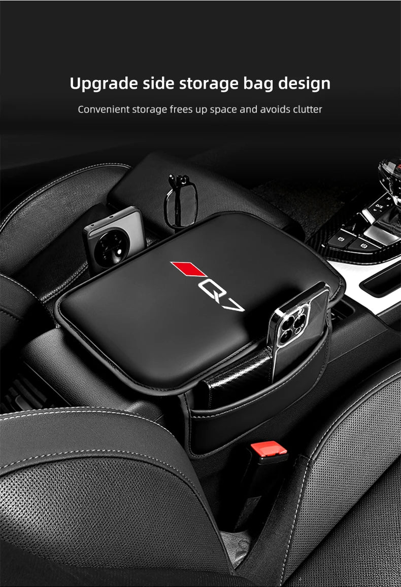 Black car armrest box mat with a storage pocket for organizing items in a vehicle