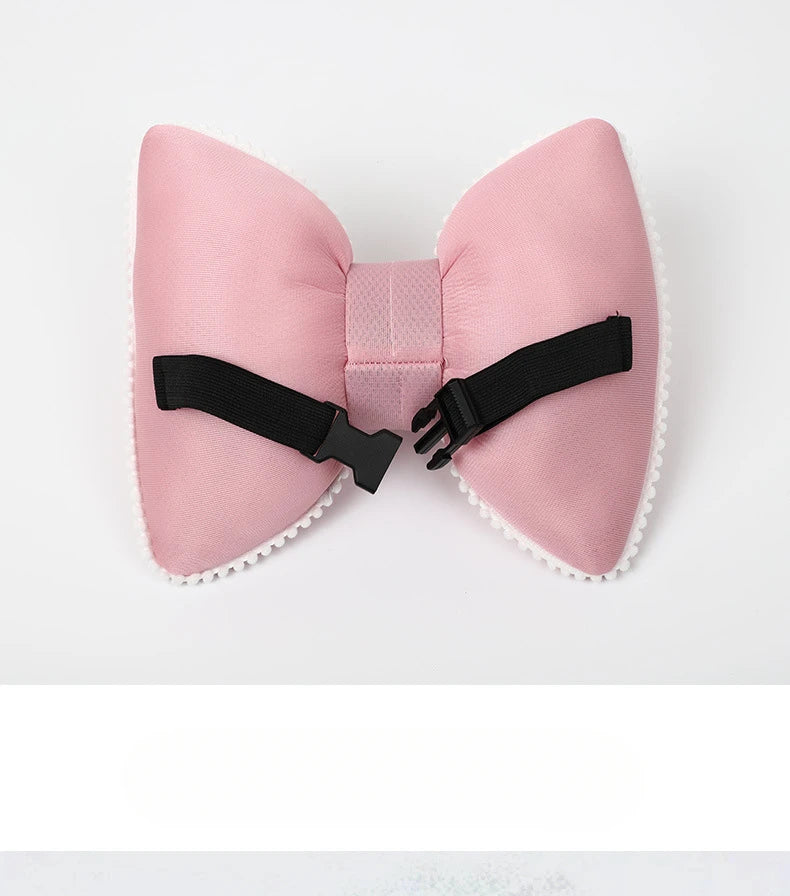 Pink silky bow car headrest pillow with a black waist cushion set