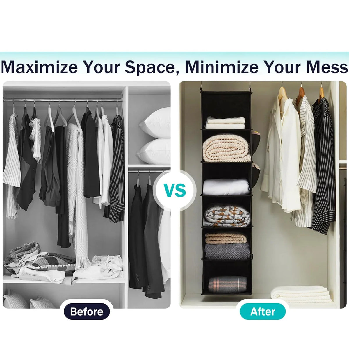 Foldable Hanging Closet Organizer with Multi-Tier Storage and Side Pockets