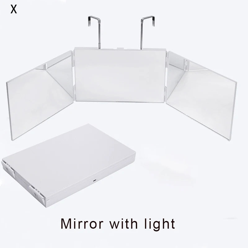 A trifold mirror with integrated light, shown in an open, angled display.