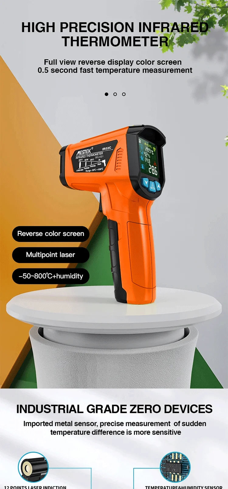 High-Temperature Infrared Thermometer with Color Screen and Humidity Sensing