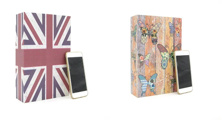 A book safe featuring a British flag design, displayed next to a smartphone.