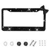 Black rhinestone license plate frame with a glittery bow accent