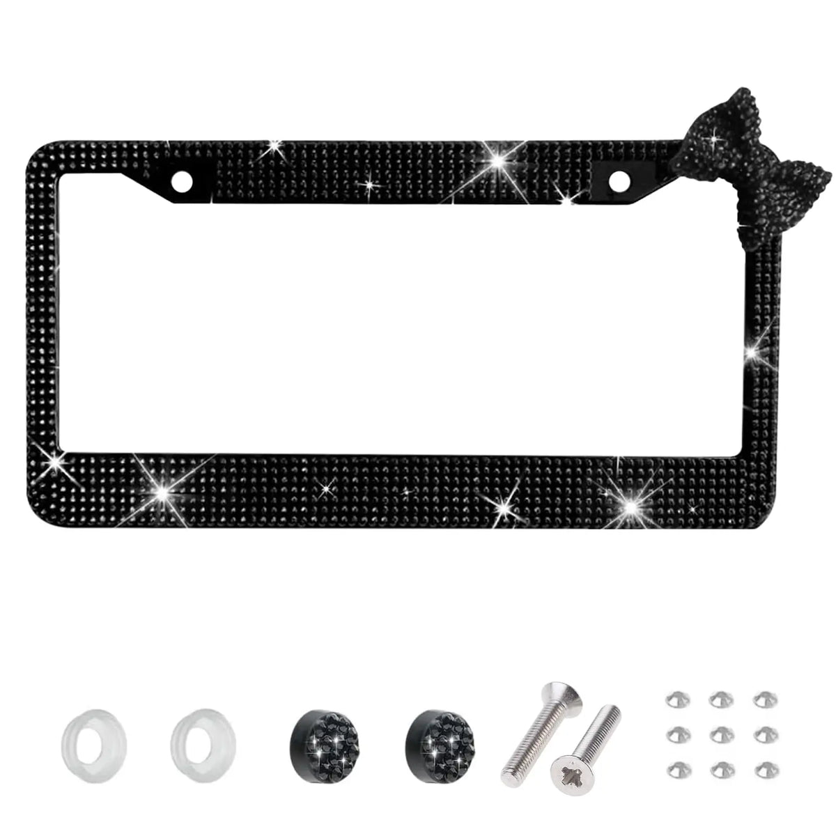 Black rhinestone license plate frame with a glittery bow accent