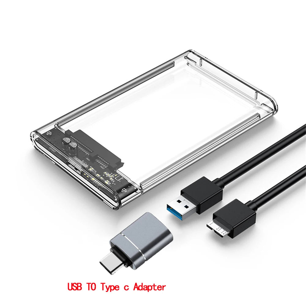 A transparent USB to Type-C adapter featuring a metal enclosure for connecting devices.