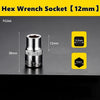 A close-up view of a 12mm hex wrench socket with a 38mm length and a 12.5mm opening, shown against a dark background.