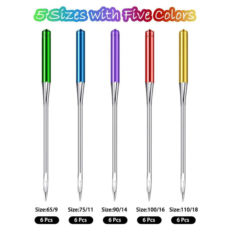 Five sizes of anti-skip sewing machine needles in five colors displayed vertically.