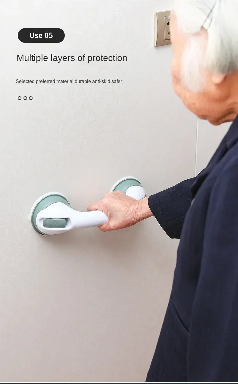 An elderly person is using a white suction cup safety grab bar attached to a wall, demonstrating multiple layers of protectio
