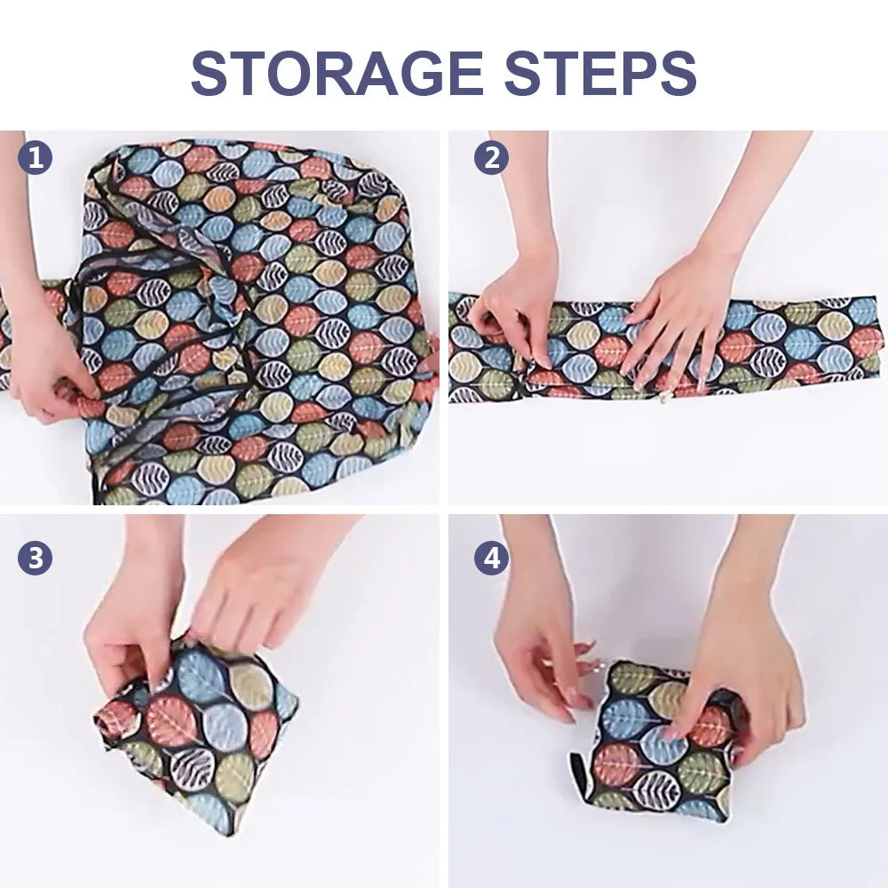 Four steps demonstrating how to fold a reusable nylon shopping tote bag.