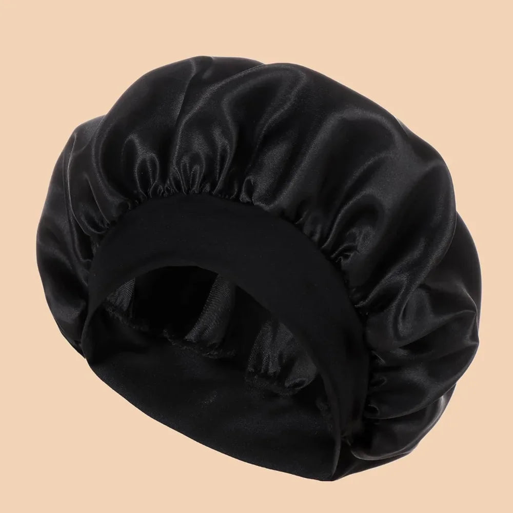 Black satin wide brim shower cap for hair protection