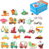 A set of wooden animal and vehicle puzzles and a storage box featuring various toys like trucks, trains, and vehicles.