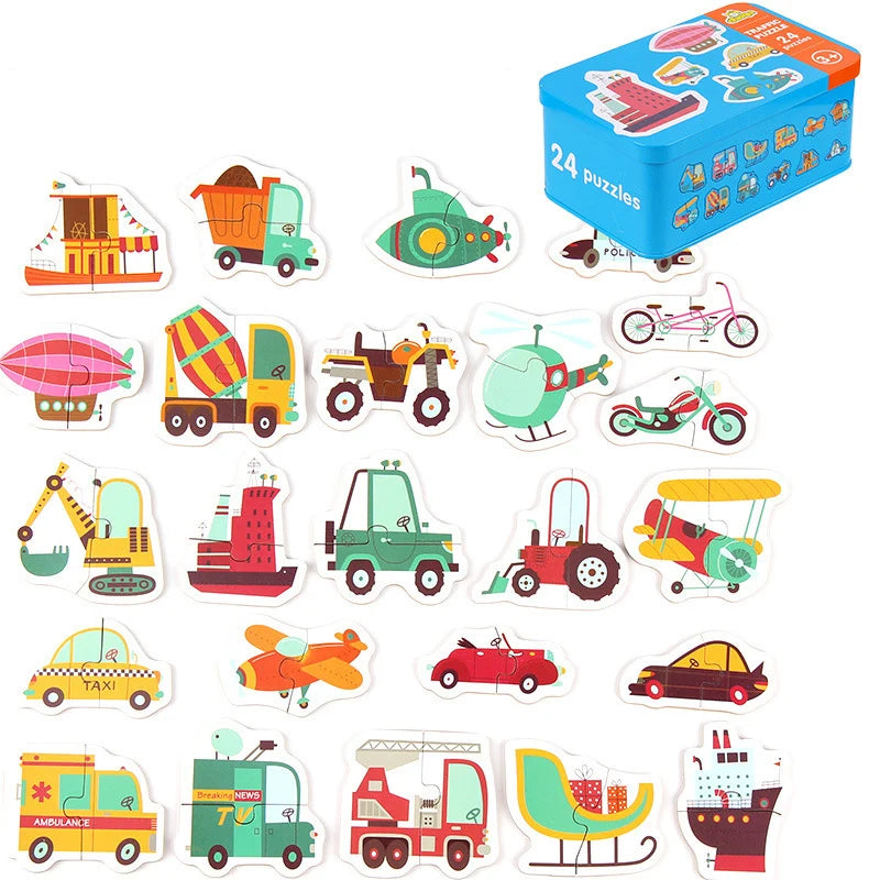 A set of wooden animal and vehicle puzzles and a storage box featuring various toys like trucks, trains, and vehicles.