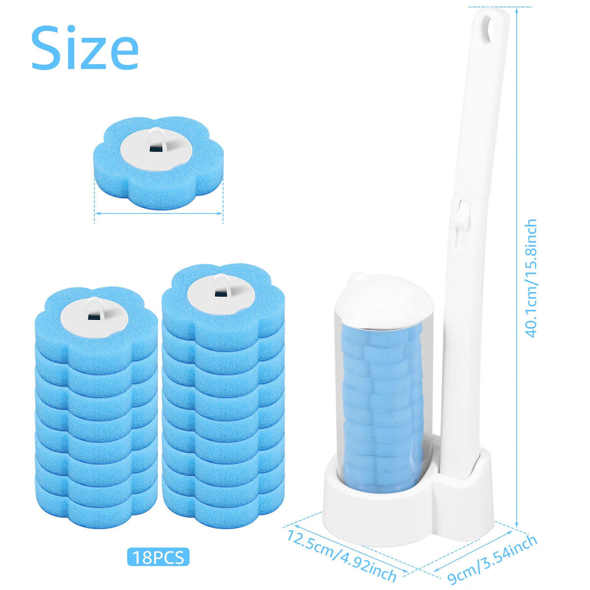 A set of blue disposable toilet brushes with a wall-mountable holder and extended handle shown in various views.