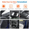 Carbon fiber interior trim kit for a Dodge Charger showing various installed components on the dashboard and door panels.