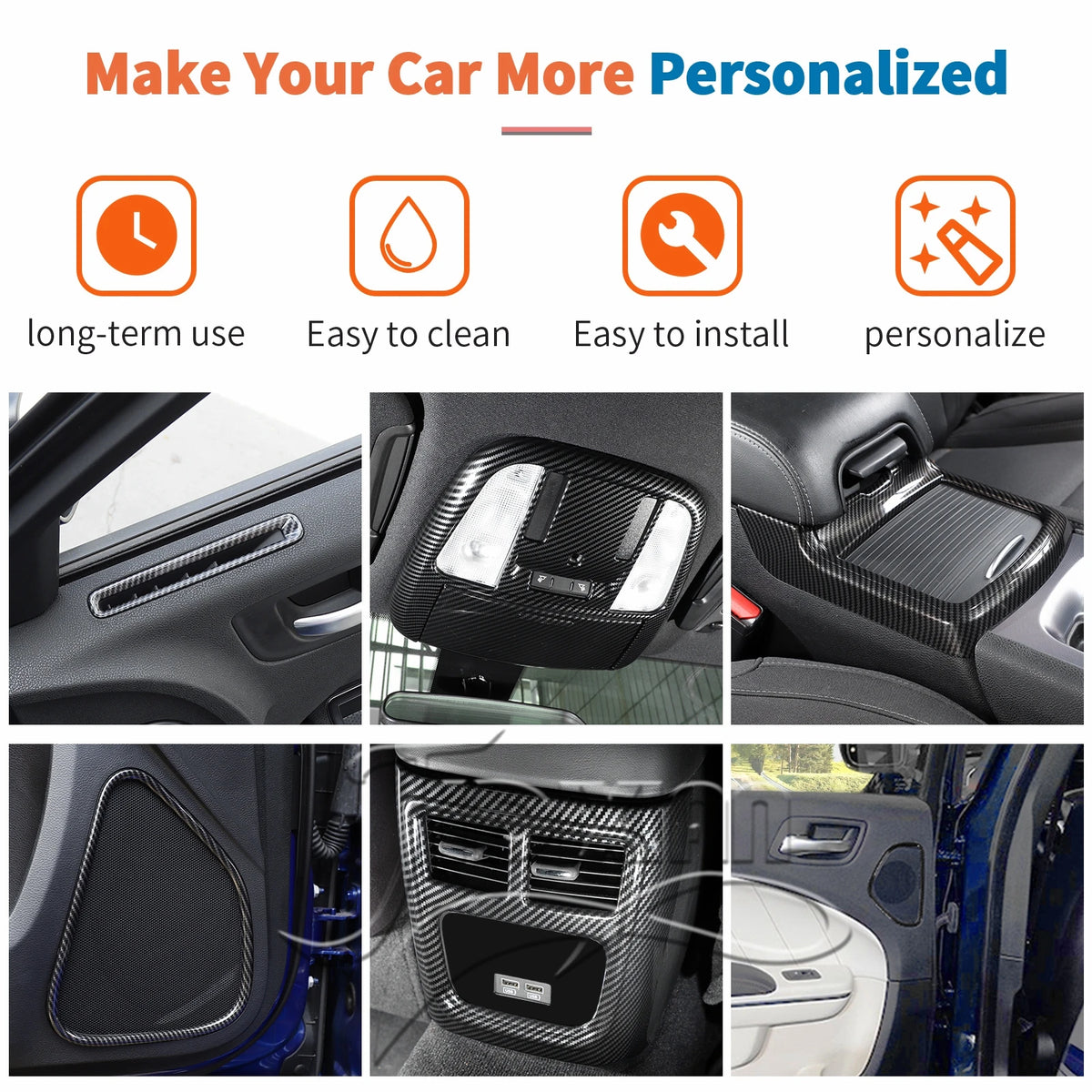 Carbon fiber interior trim kit for a Dodge Charger showing various installed components on the dashboard and door panels.