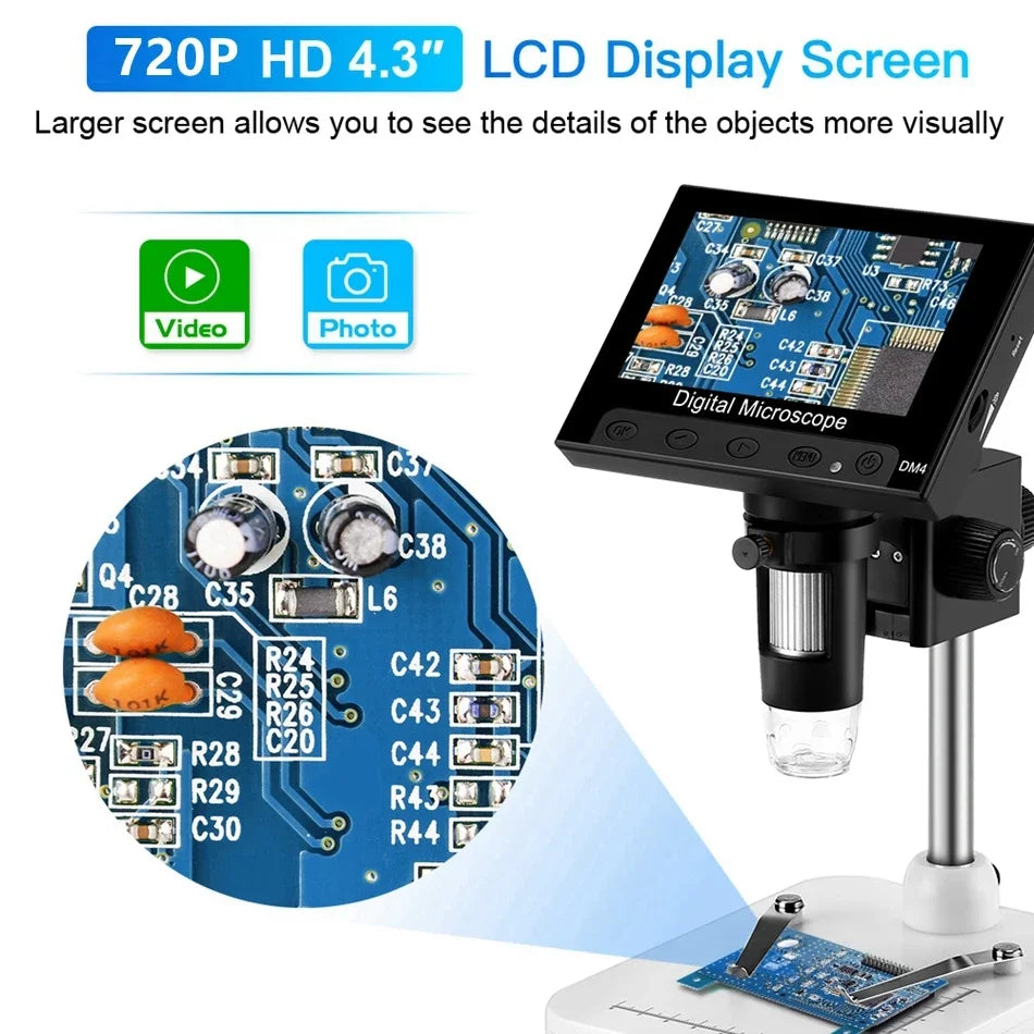 A digital microscope with a 720P HD 4.3 inch LCD display and objective lens viewing electronic components.