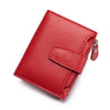 A red genuine leather RFID blocking bifold wallet shown from above.