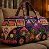 A purple and pink quilted travel duffle bag featuring a peace sign design and 3D stitching, resting on a brown sofa.