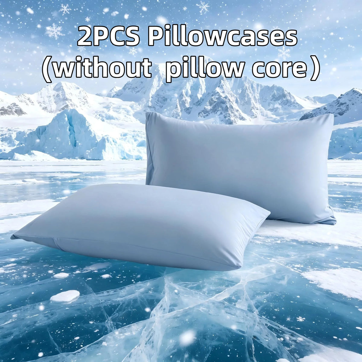 Two white ice silk pillowcases displayed on a blue icy surface with a snowy mountain background.