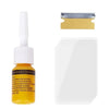 A bottle of windshield glass repair resin kit next to a yellow adhesive strip and a clear plastic sheet.