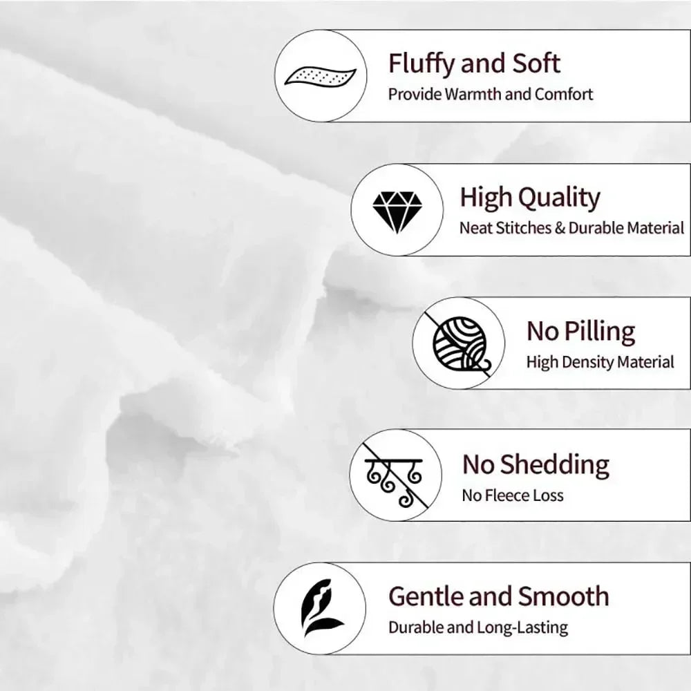 A white flannel throw blanket with various quality features listed on the packaging.
