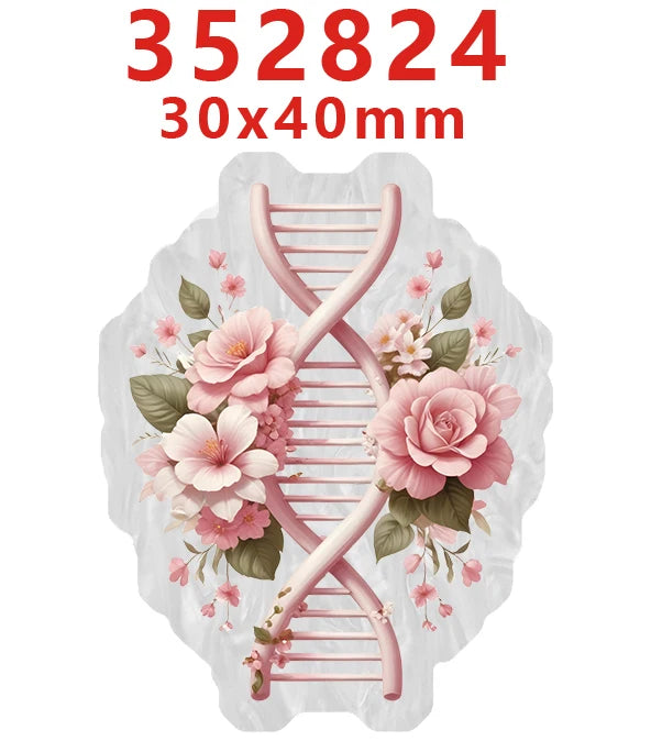 A pink glitter acrylic nurse badge charm set shaped like a DNA helix with floral accents.