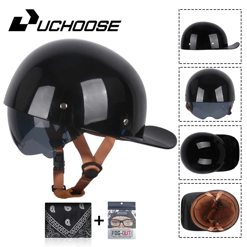 Black retro open face motorcycle helmet with a baseball cap visor and included goggles