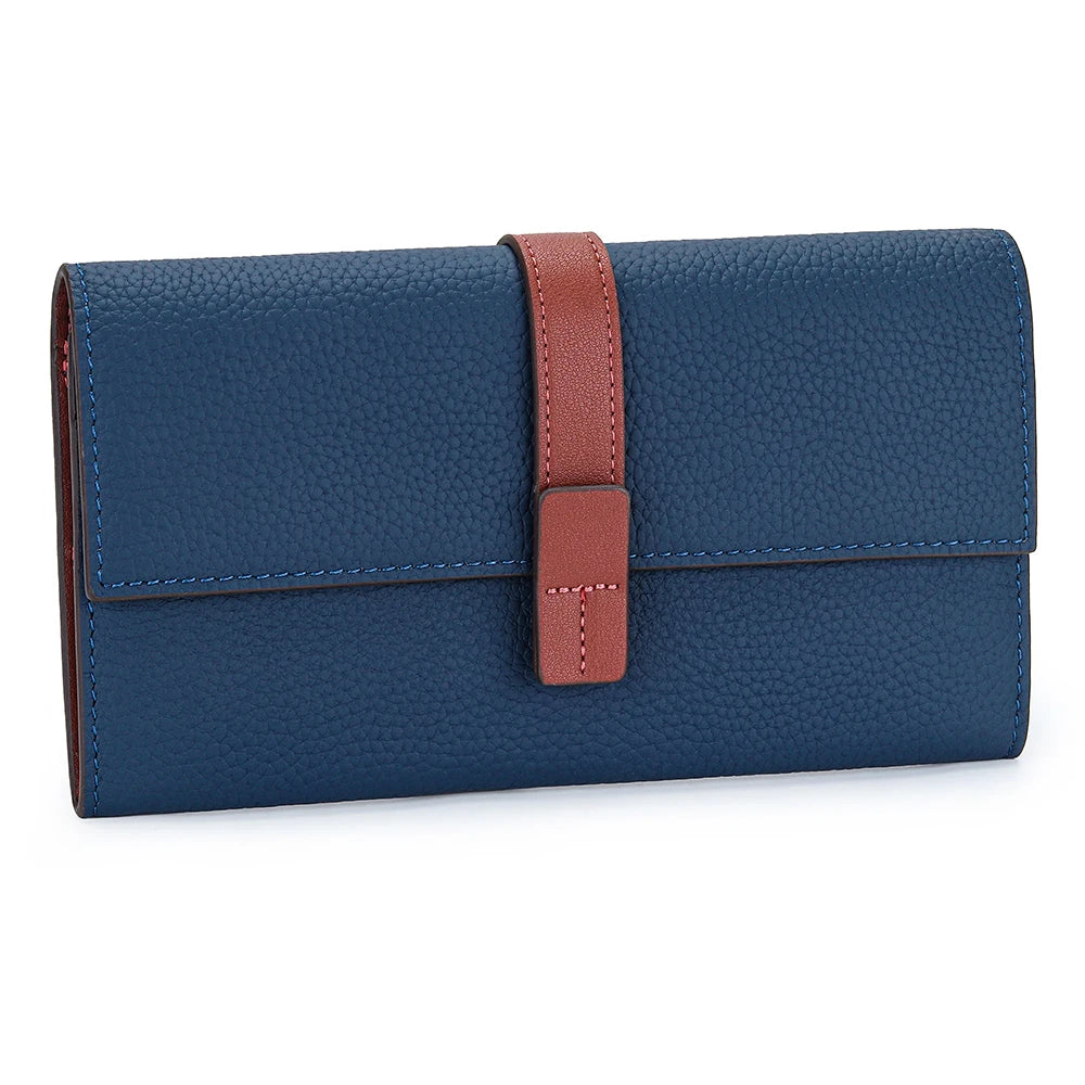 A navy blue women's cowhide leather bi-fold wallet with a brown leather strap.