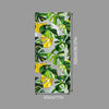 A vertical panel of floral stained glass window film featuring green leaves and yellow accents on a gray background.
