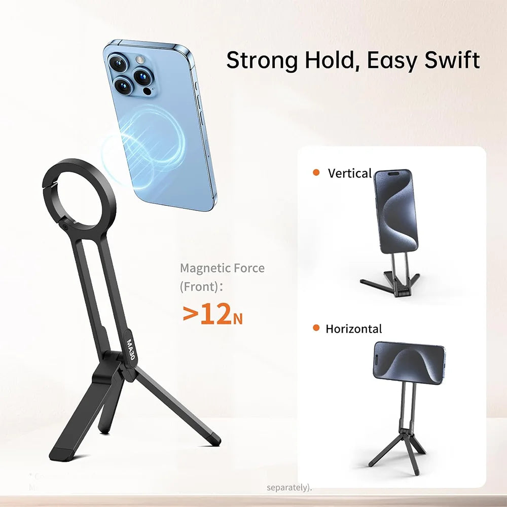 A black magnetic phone tripod with a carabiner clip is shown alongside a smartphone demonstrating its strong hold capability.