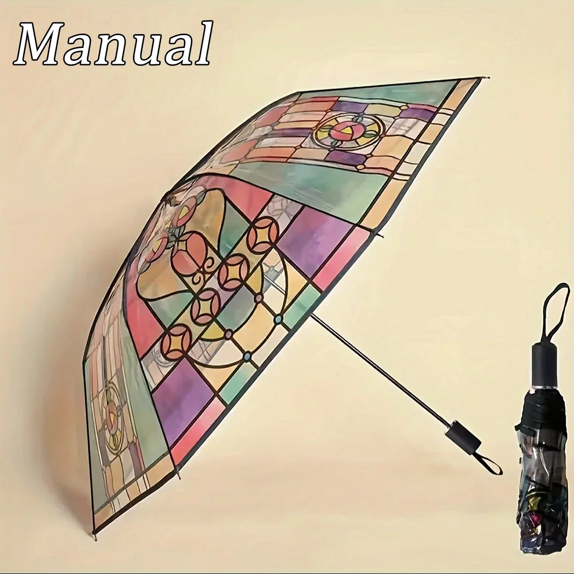 Stained Glass Arch Umbrella with Wind-Resistant Frame