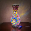 A handcrafted Turkish mosaic table lamp with warm LED glow, featuring colorful glass and mosaic patterns.