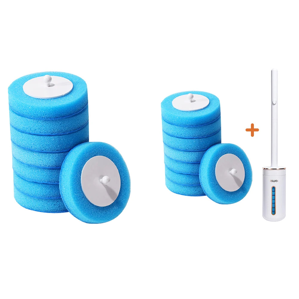 A stack of blue disposable aromatherapy toilet cleaners with a wall-mount holder.