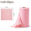 Roll of 50 pink reusable microfiber cleaning cloths with a 25cm length.