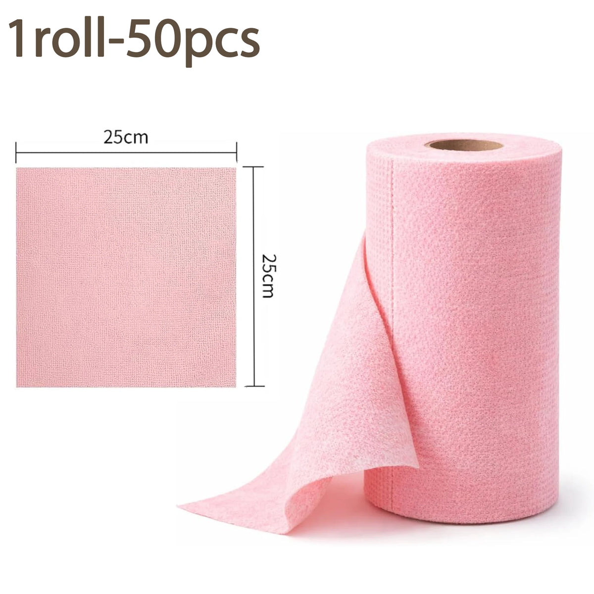 Roll of 50 pink reusable microfiber cleaning cloths with a 25cm length.