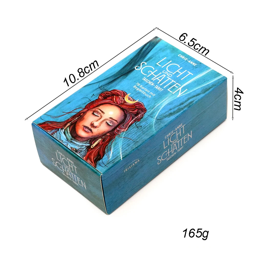 A box of the Light and Shadow Tarot Deck with guidebook, featuring a woman's face on the cover.