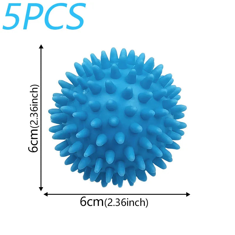 Five blue reusable laundry balls used for fluffier and faster drying