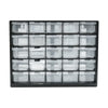 Black wall-mounted organizer with 25 clear plastic compartments and drawers for parts.
