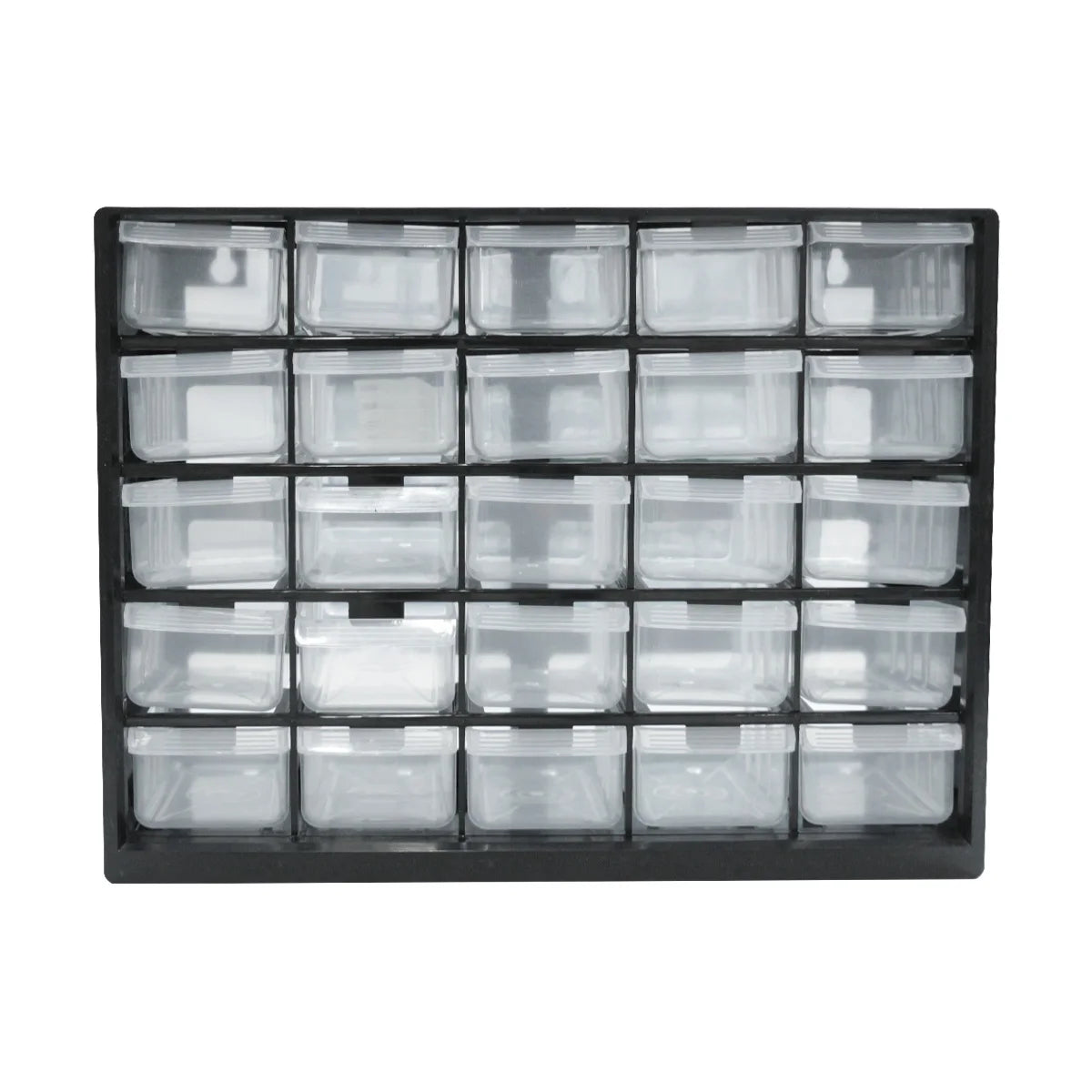Black wall-mounted organizer with 25 clear plastic compartments and drawers for parts.