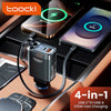 A 4-in-1 USB car charger with a digital display is shown plugged into a smartphone and a car charging port.