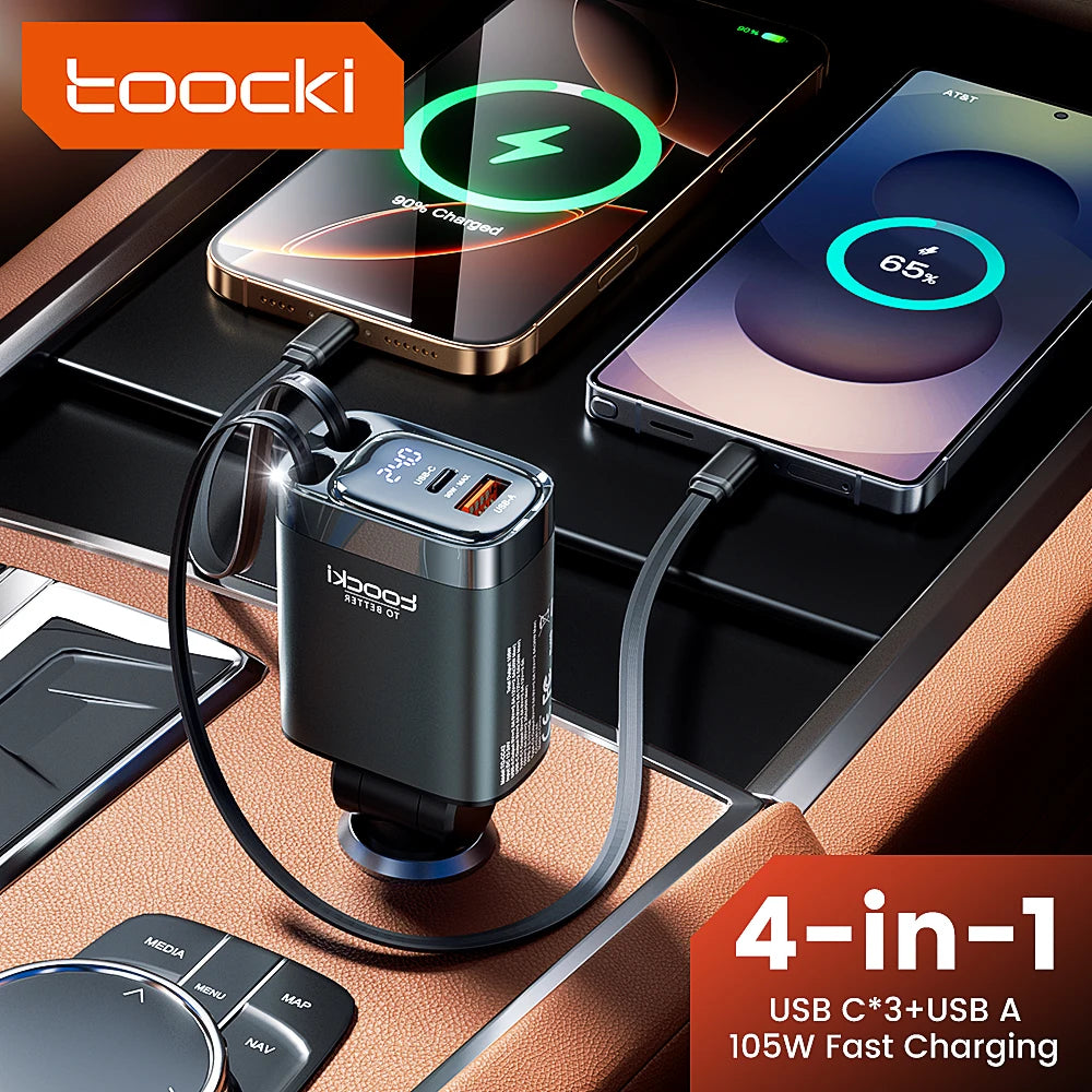 A 4-in-1 USB car charger with a digital display is shown plugged into a smartphone and a car charging port.