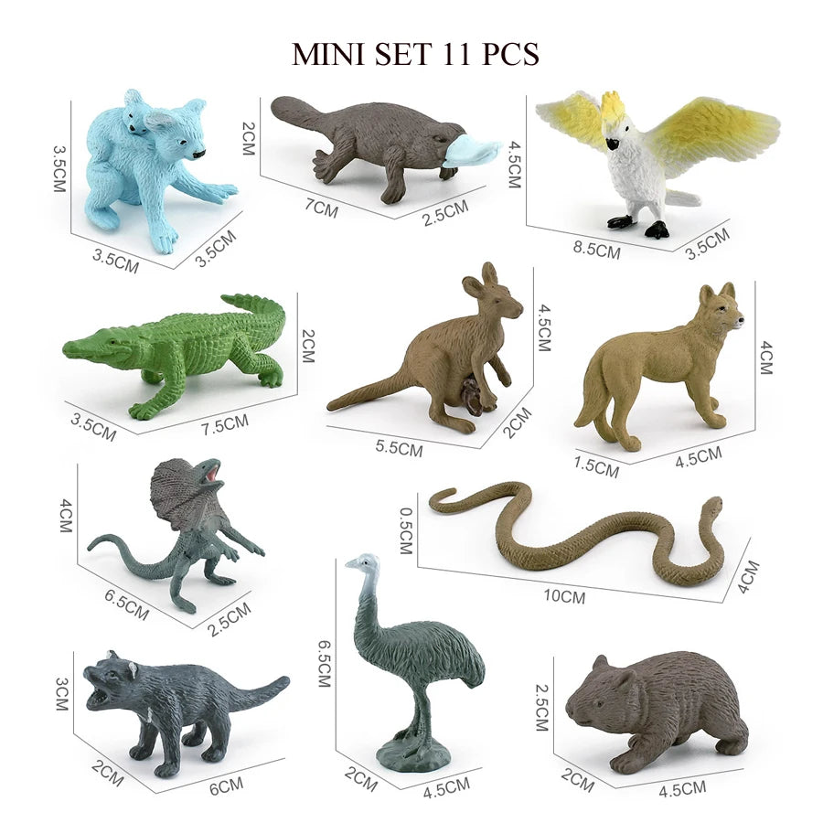 A set of 11 realistic animal figurines including a blue arctic fox, a brown elephant, a yellow bird, a green crocodile, a bro